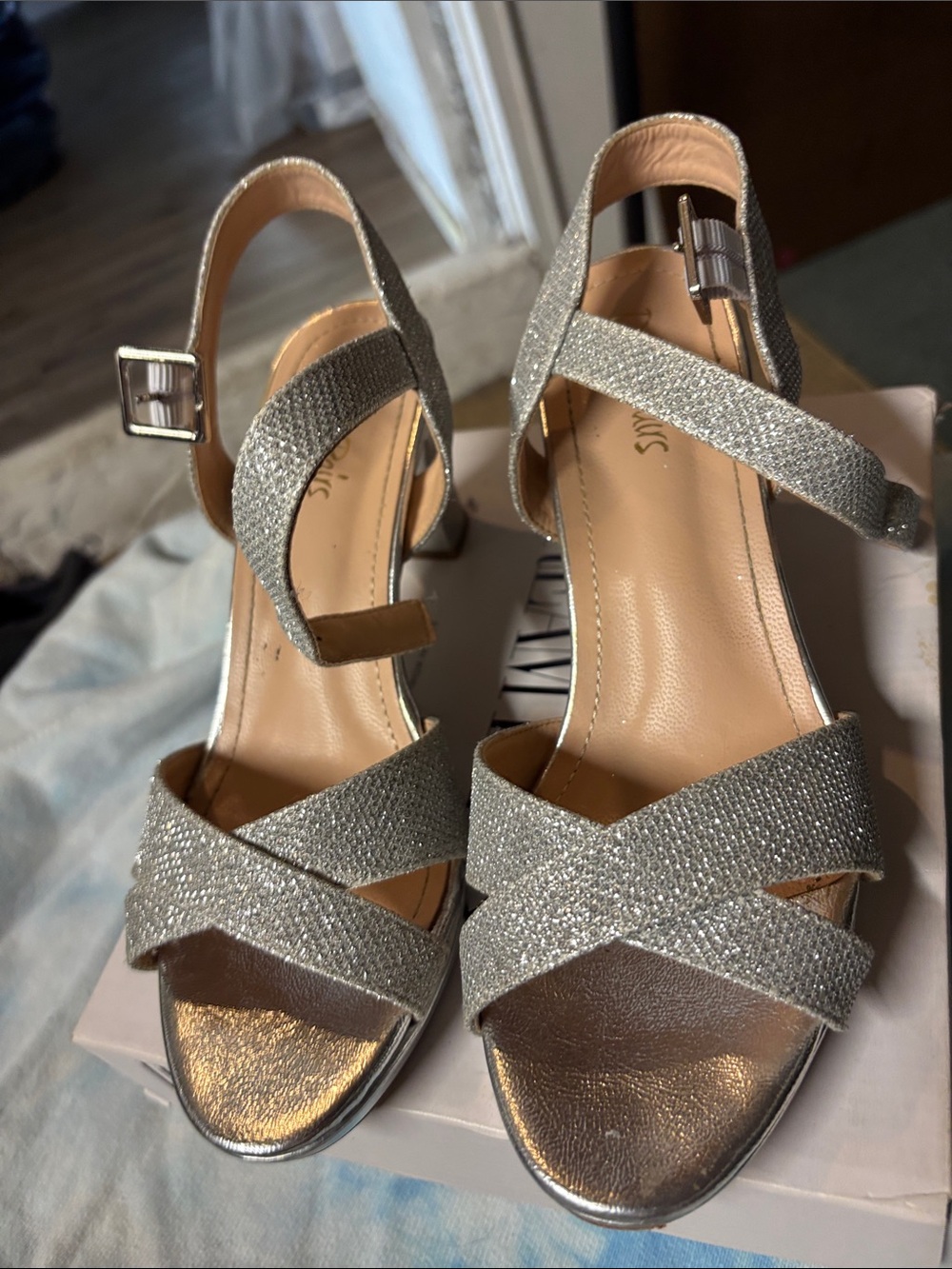 Dream Pairs Silver Glitter Crisscross Ankle-Strap Heels